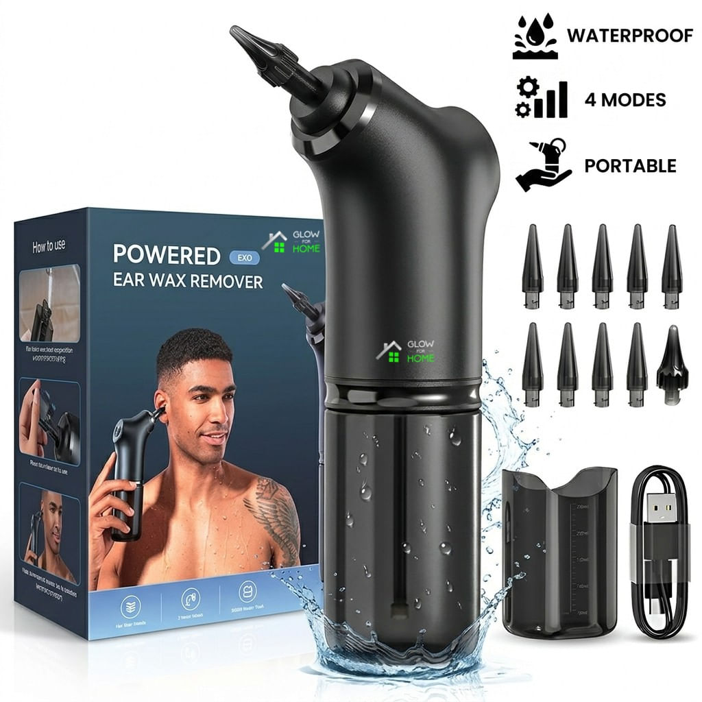 Aparat portabil pentru curatat urechile, GlowforHome, LED, Capacitate 250ml, pentru Adulti/Copii, negru