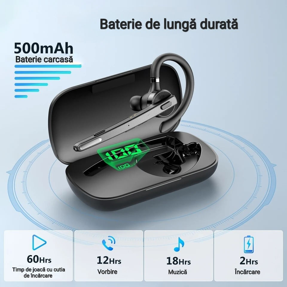 Casca Bluetooth New Bee M53, Autonomie baterie 60 ore, Anulare zgomot, Cu carcasa de incarcare, Sunet HD, Multipoint
