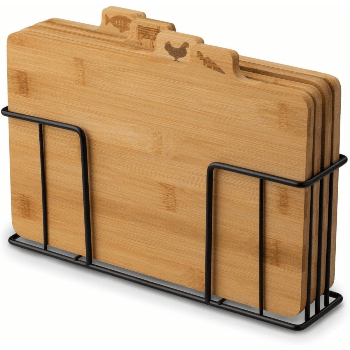 Set 4 funduri de tocator din bambus cu suport organizator metalic negru MADGENIX, dimensiuni 28x21.5 cm, premium
