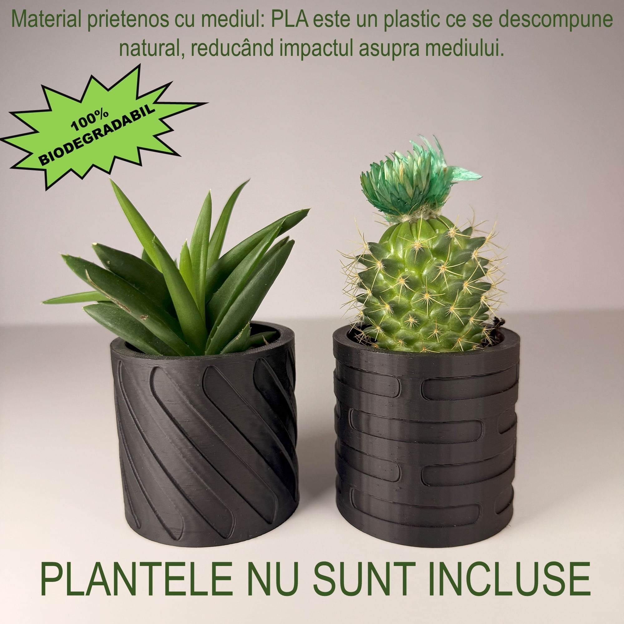 Set 2 Ghivece pentru plante mici (plantele nu sunt incluse), Diametru intern 6 cm, Negru — imaginea 2
