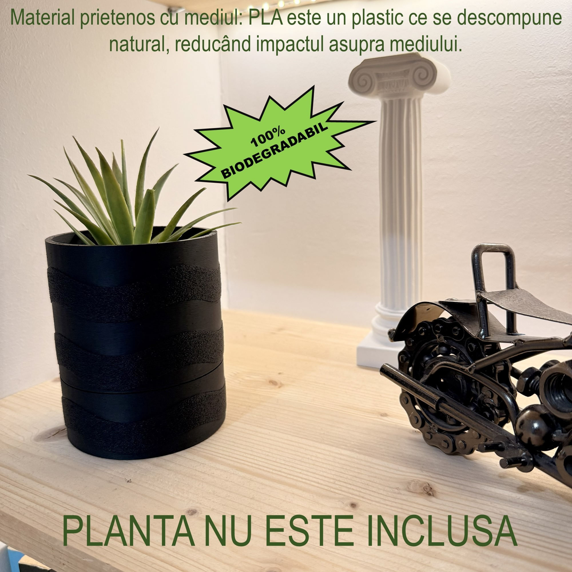 Ghiveci pentru plante mici (planta nu este inclusa), Diametru intern 9 cm, Negru — imaginea 2