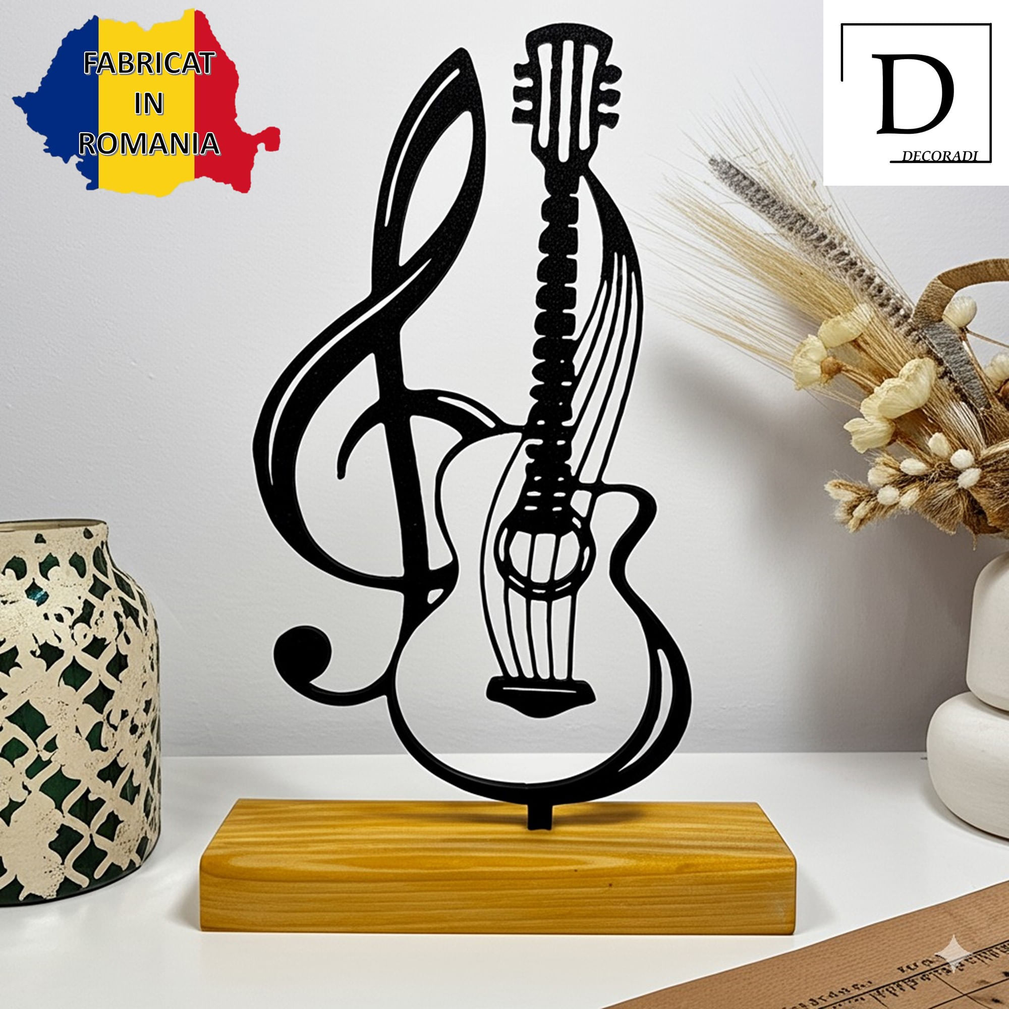 Decoratiune Casa, Chitara & Cheia Sol – DECORADI®, Eco-friendly, Baza din Lemn Natural, Negru 20.5cm