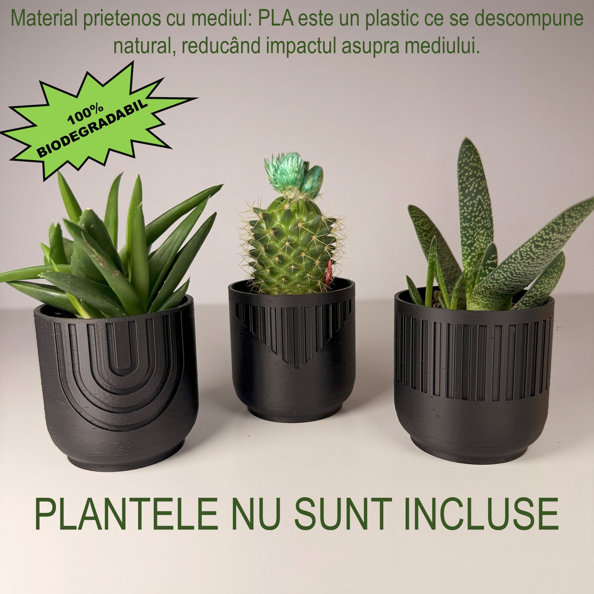 Set 3 Ghivece pentru plante mici (plantele nu sunt incluse), Diametru intern 6.5 cm, Negru — imaginea 2