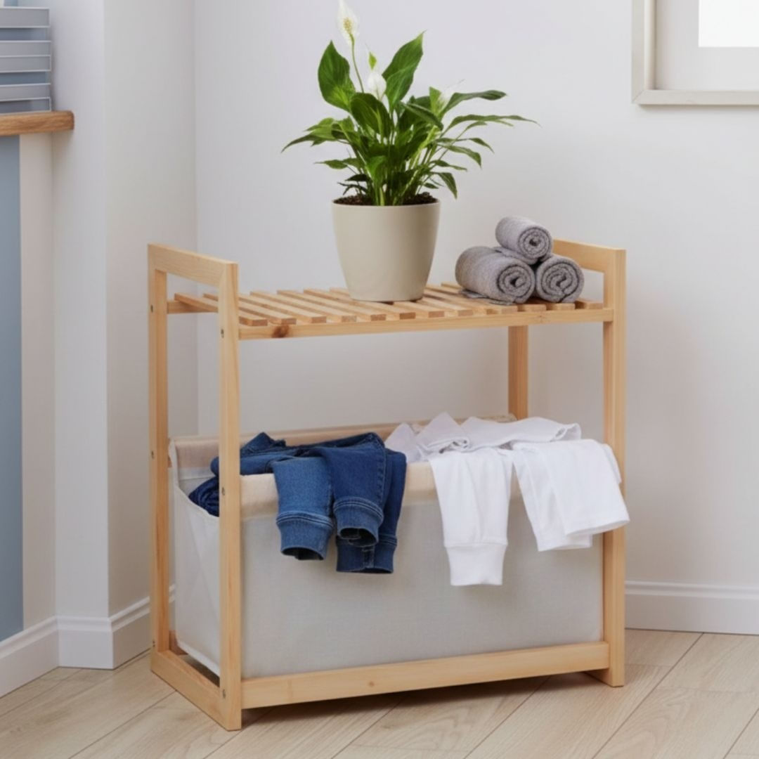 Raft de depozitare din lemn cu polita si cos textil 36x22x39 cm — imaginea 2