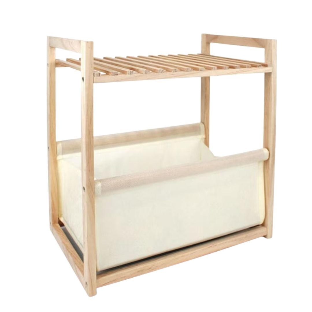 Raft de depozitare din lemn cu polita si cos textil 36x22x39 cm — imaginea 3