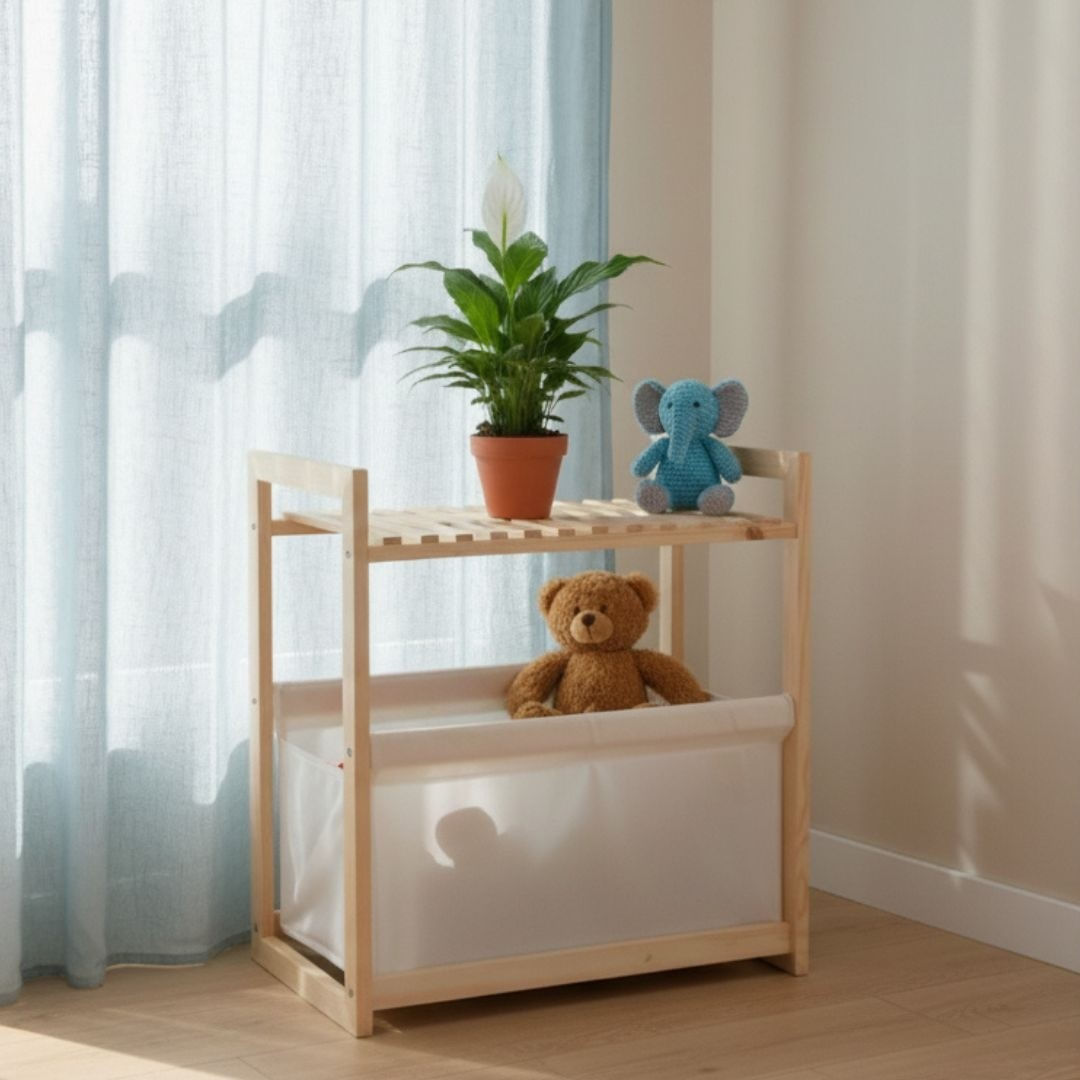 Raft de depozitare din lemn cu polita si cos textil 36x22x39 cm — imaginea 4