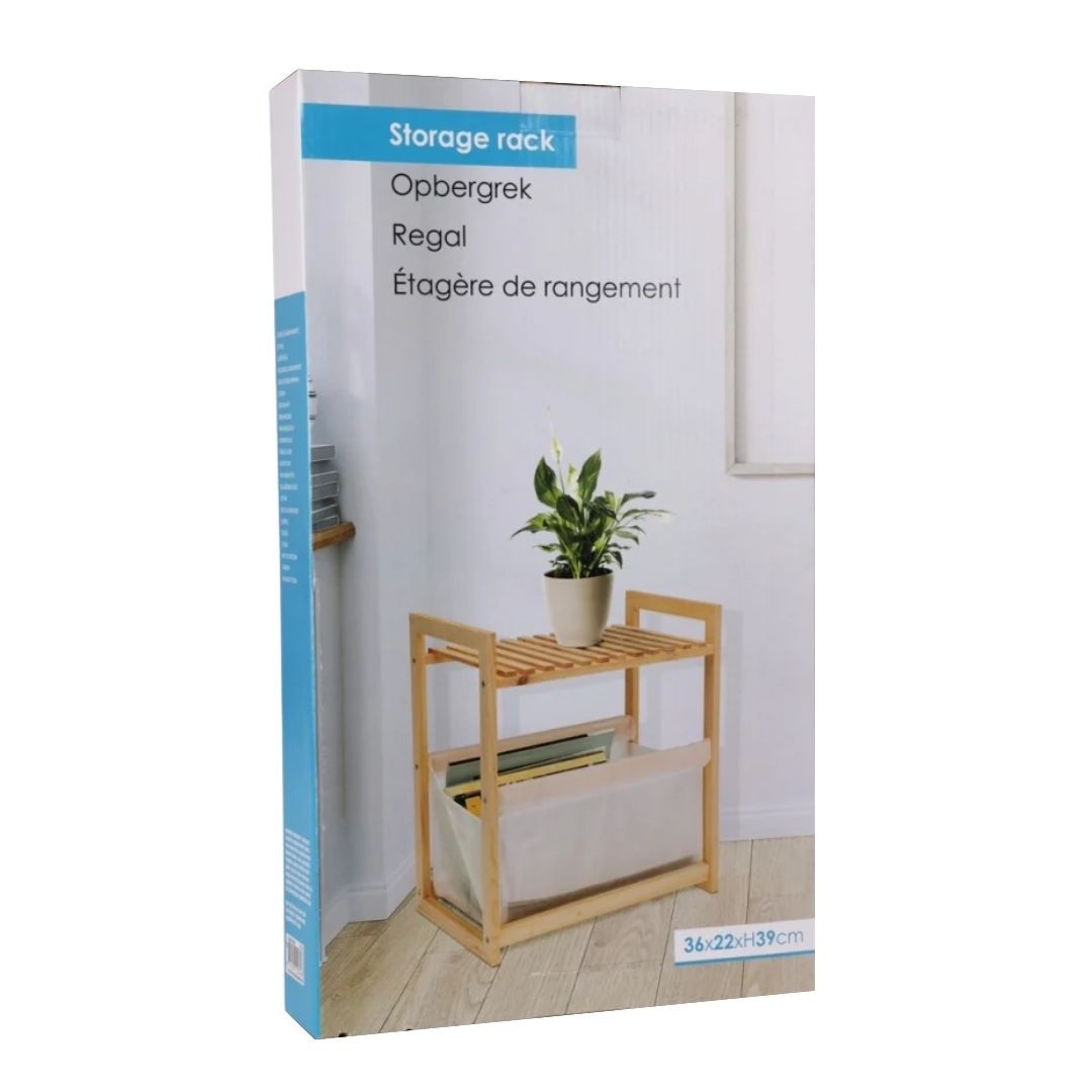 Raft de depozitare din lemn cu polita si cos textil 36x22x39 cm — imaginea 5