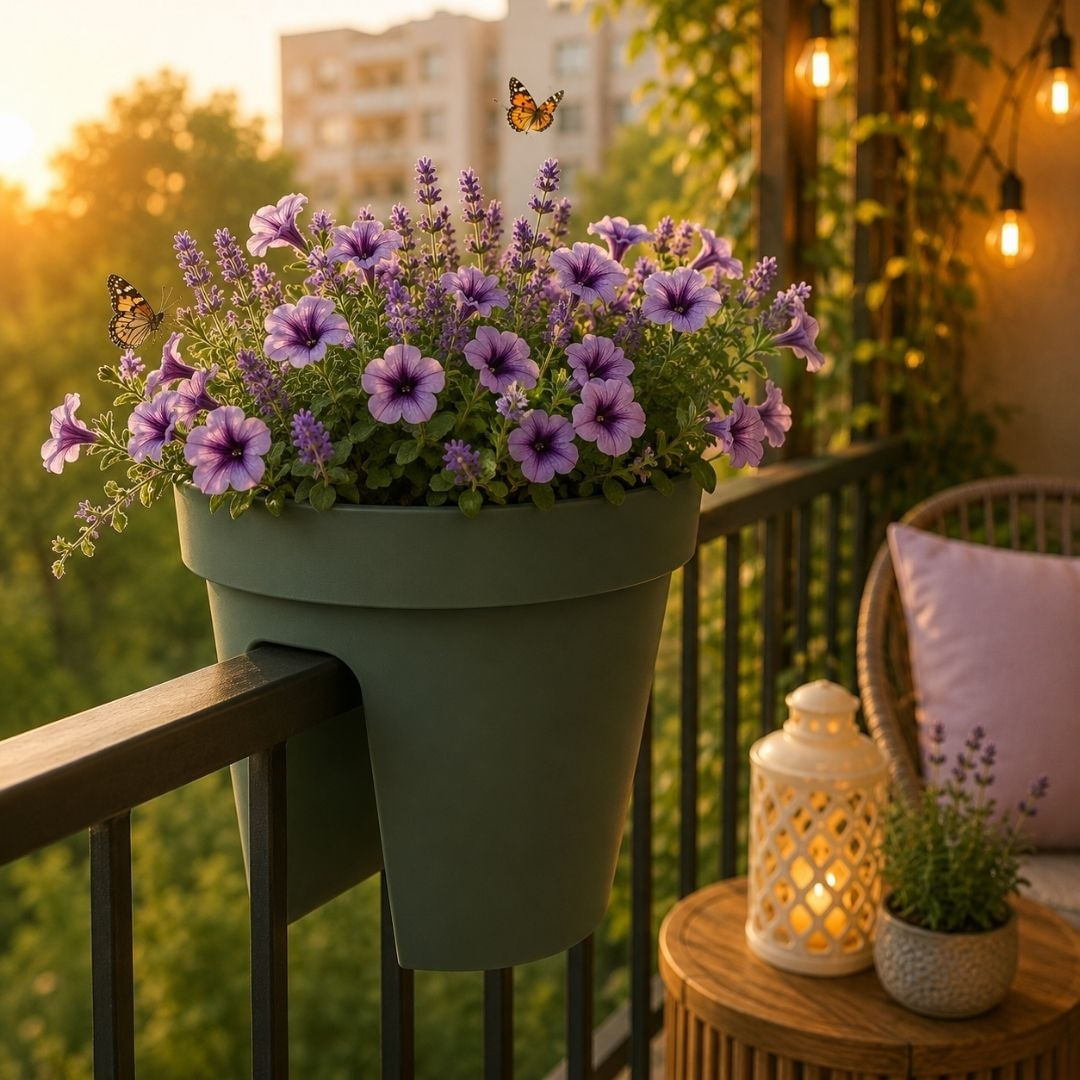 Ghiveci suspendat pentru balustrada, Flower Bridge, 28 cm, verde inchis, pentru balcon, terasa si gradina — imaginea 2
