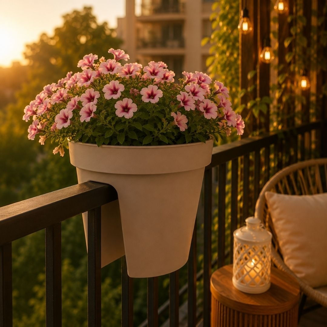 Ghiveci suspendat pentru balustrada, Flower Bridge, 28 x 25 cm, bej nisipiu, pentru balcon, terasa si gradina — imaginea 2