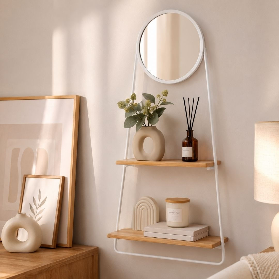 Etajera decorativa cu oglinda rotunda si suport metalic alb, 60 cm — imaginea 2