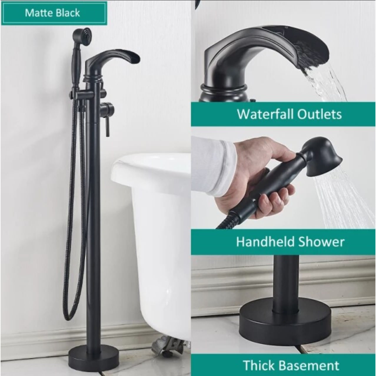 Baterie cada Free standing, Blackswan, Tip Cascada M55, model negru mat, dimensiune 96 cm — imaginea 3