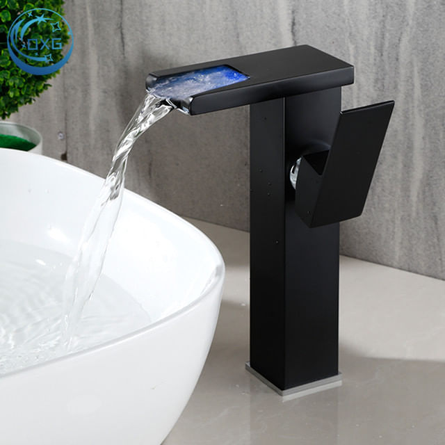 Baterie chiuveta baie, Blackswan, Tip M187, model negru inalt cu pipa tip cascada si LED, dimensiune 24 cm — imaginea 2