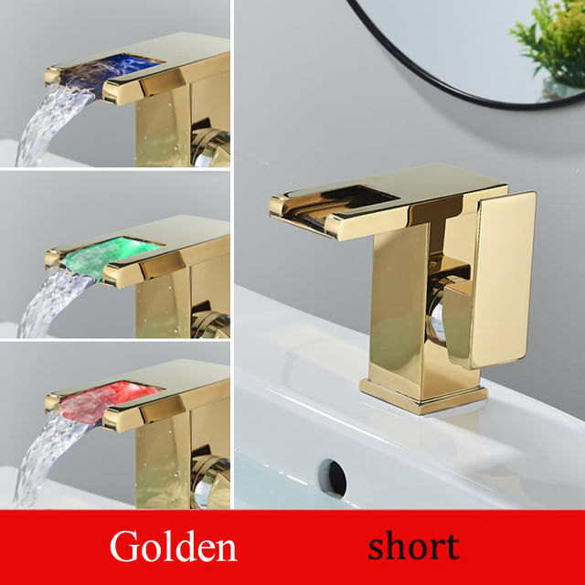 Baterie chiuveta baie, Blackswan, Tip M192, model auriu scurt cu pipa tip cascada si LED, dimensiune 12.5 cm — imaginea 3