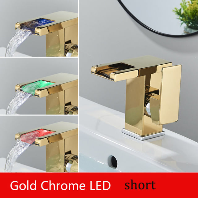 Baterie chiuveta baie, Blackswan, Tip M191, model auriu/ crom scurt cu pipa tip cascada si LED, dimensiune 12.5 cm — imaginea 3
