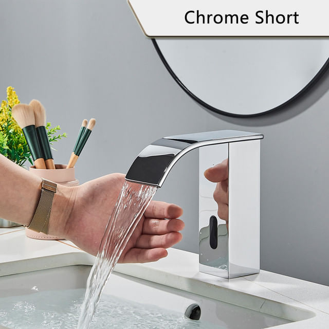 Baterie chiuveta baie, Blackswan, Tip M185, model crom scurt cu pipa tip cascada si senzor, dimensiune 15 cm — imaginea 2