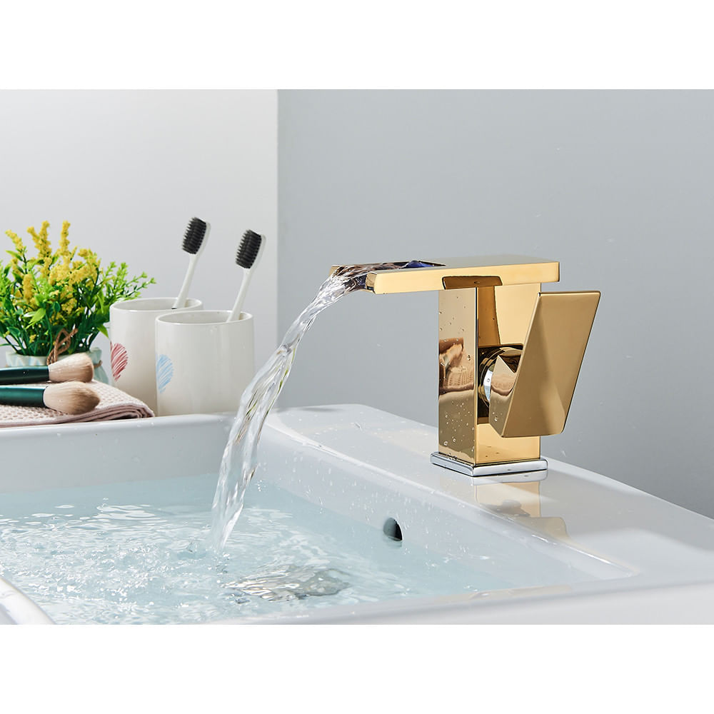 Baterie chiuveta baie, Blackswan, Tip M191, model auriu/ crom scurt cu pipa tip cascada si LED, dimensiune 12.5 cm — imaginea 6