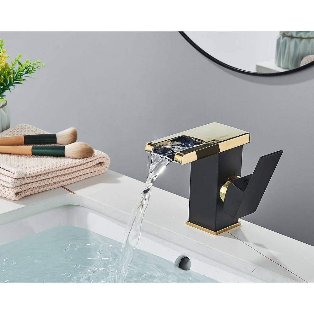 Baterie chiuveta baie, Blackswan, Tip M194, model negru/ auriu scurt cu pipa tip cascada si LED, dimensiune 12.5 cm — imaginea 4