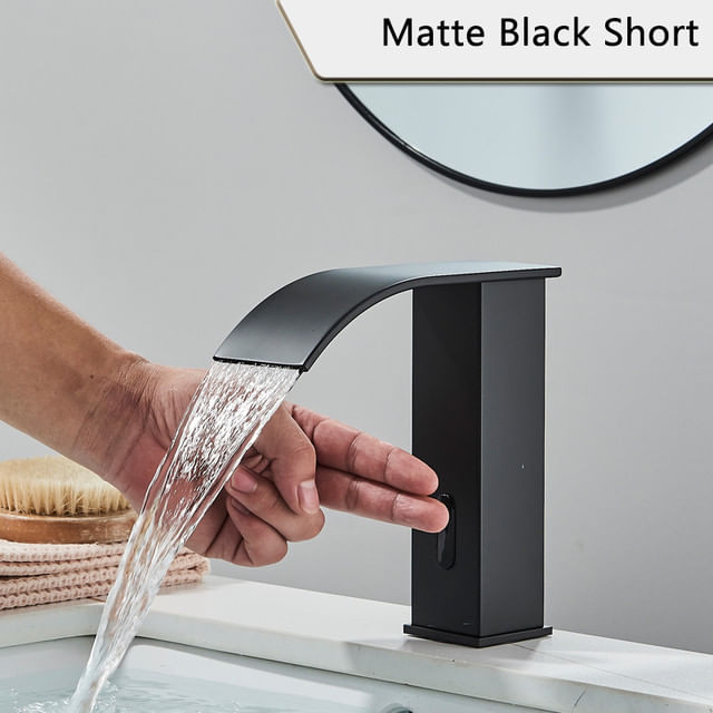 Baterie chiuveta baie, Blackswan, Tip M183, model negru scurt cu pipa tip cascada si senzor, dimensiune 15 cm — imaginea 2