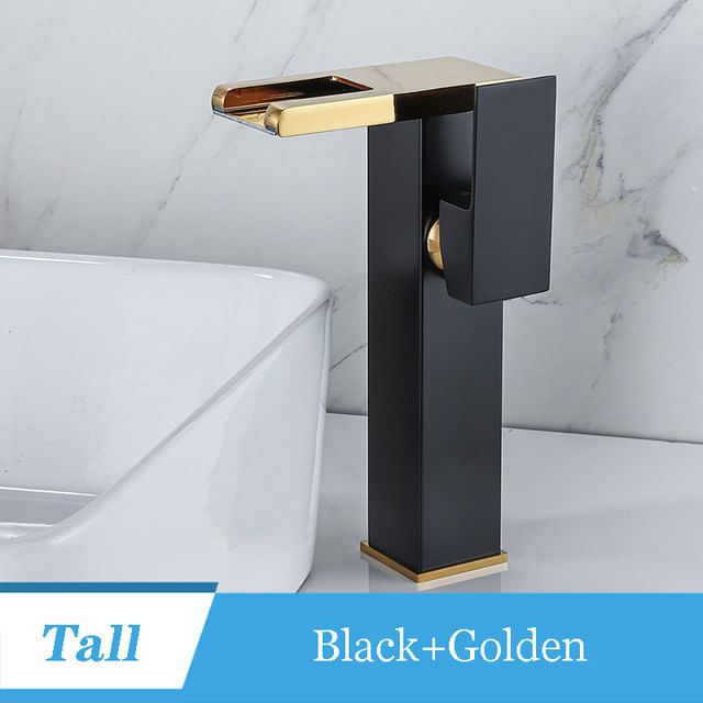 Baterie chiuveta baie, Blackswan, Tip M242, model negru/ auriu inalt cu pipa tip cascada si LED, dimensiune 24 cm — imaginea 2