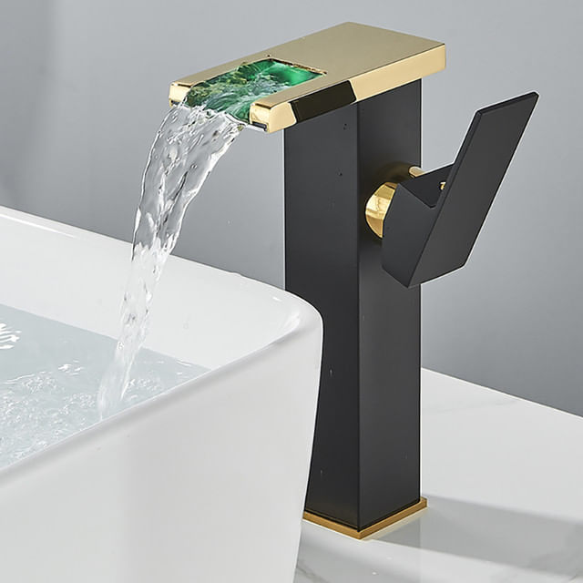 Baterie chiuveta baie, Blackswan, Tip M242, model negru/ auriu inalt cu pipa tip cascada si LED, dimensiune 24 cm — imaginea 3