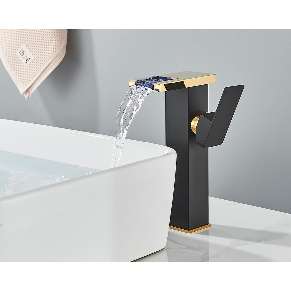 Baterie chiuveta baie, Blackswan, Tip M242, model negru/ auriu inalt cu pipa tip cascada si LED, dimensiune 24 cm — imaginea 4