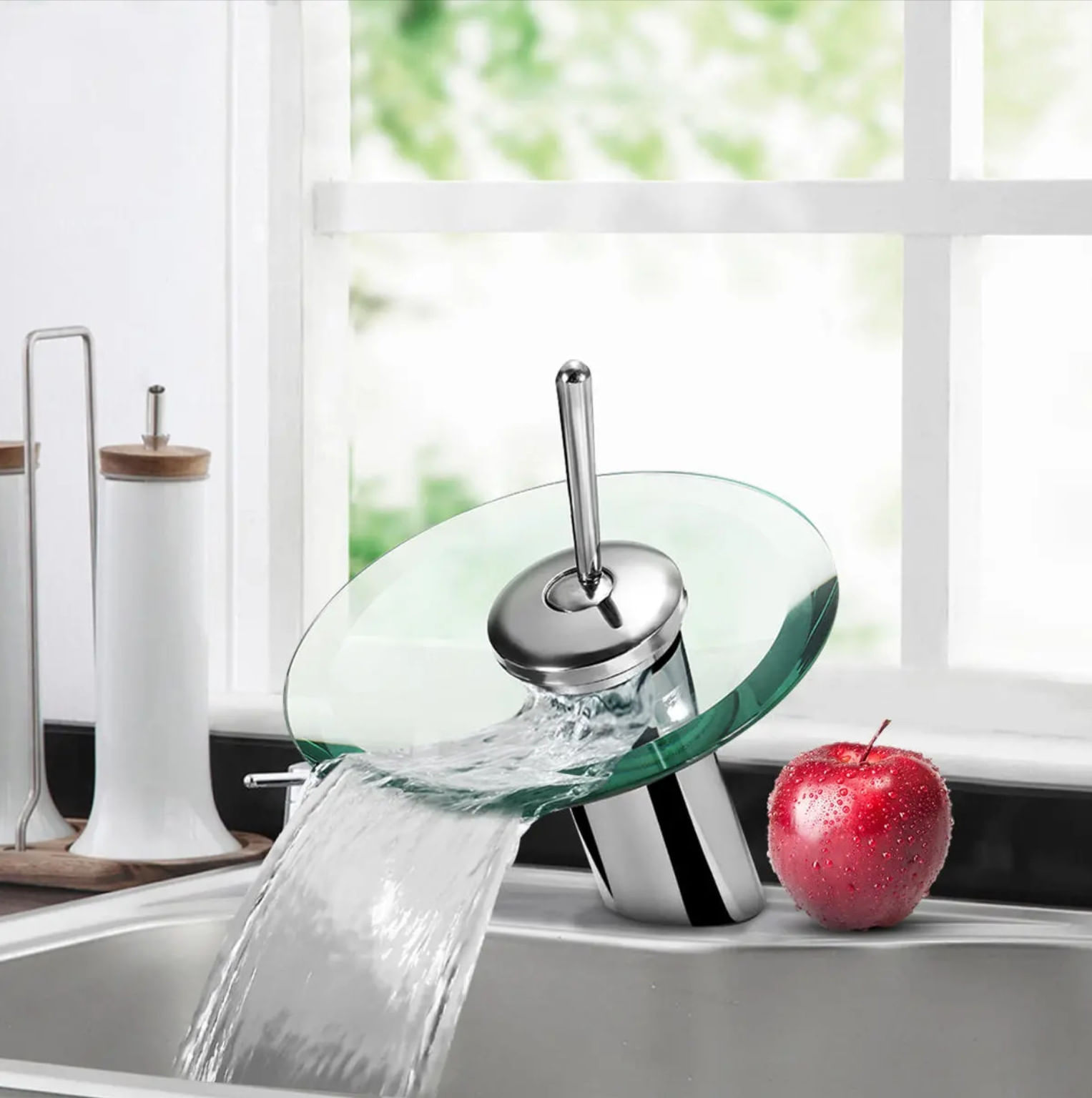 Baterie chiuveta baie, Blackswan, Tip cascada M1, sticla securizata transparenta, diametru 18 cm — imaginea 3