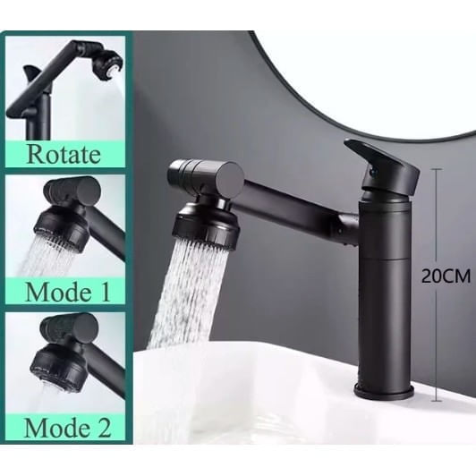 Baterie chiuveta baie, Blackswan, Tip M330, model scurt negru mat rotativ, cu 2 moduri si pipa mobila, dimensiune 20 cm — imaginea 2
