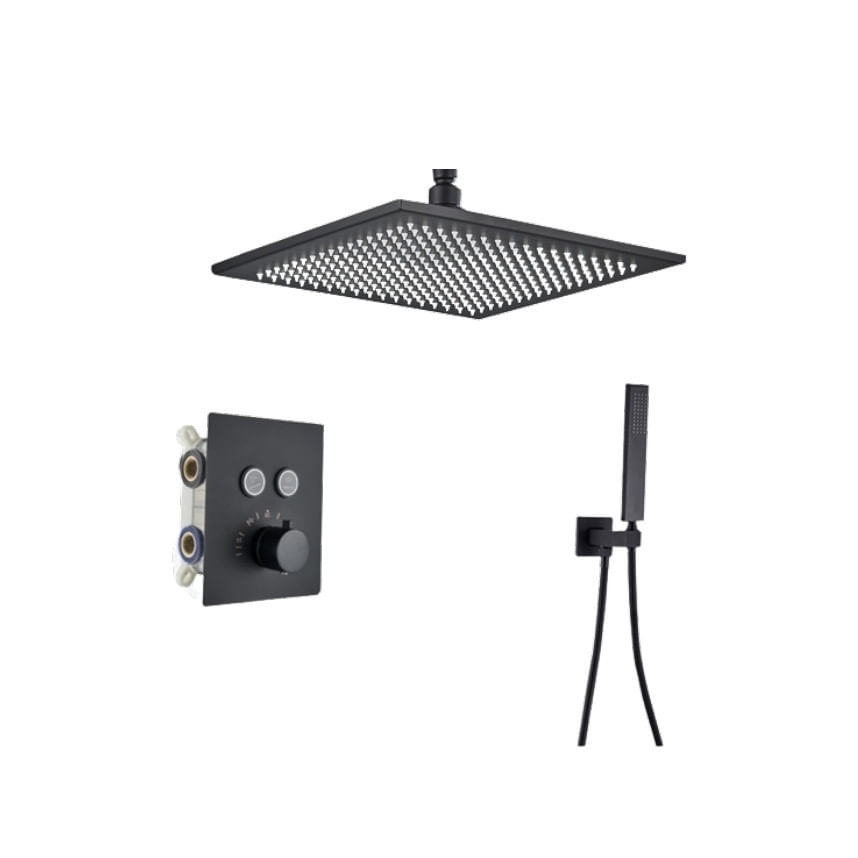 Set baterie dus, Blackswan, Tip M156, model negru mat, cu 2 cai, termostat si montare tavan, dimensiune 40 cm