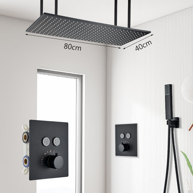 Set baterie dus, Blackswan, Tip M157, model negru mat, cu 2 cai, termostat si montare tavan, dimensiune 80 cm — imaginea 2