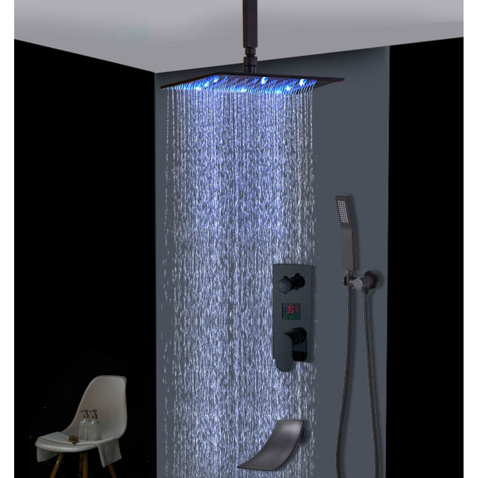 Set baterie dus, Blackswan, Tip M3.15 LED, model negru mat, dimensiune 30 cm — imaginea 2