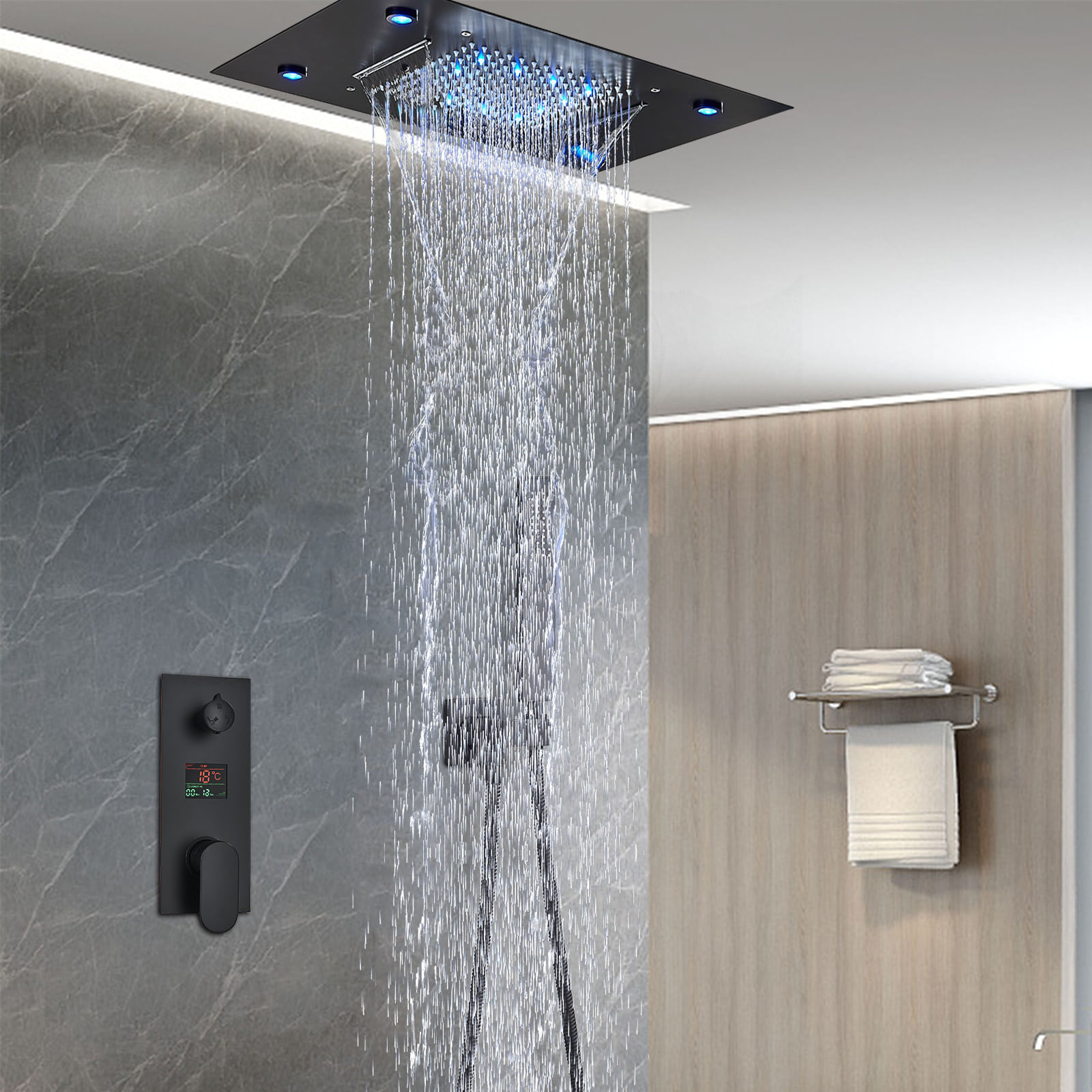 Set baterie dus, Blackswan, Tip M114, model SPA cu LED negru mat, dimensiune 50 cm — imaginea 2