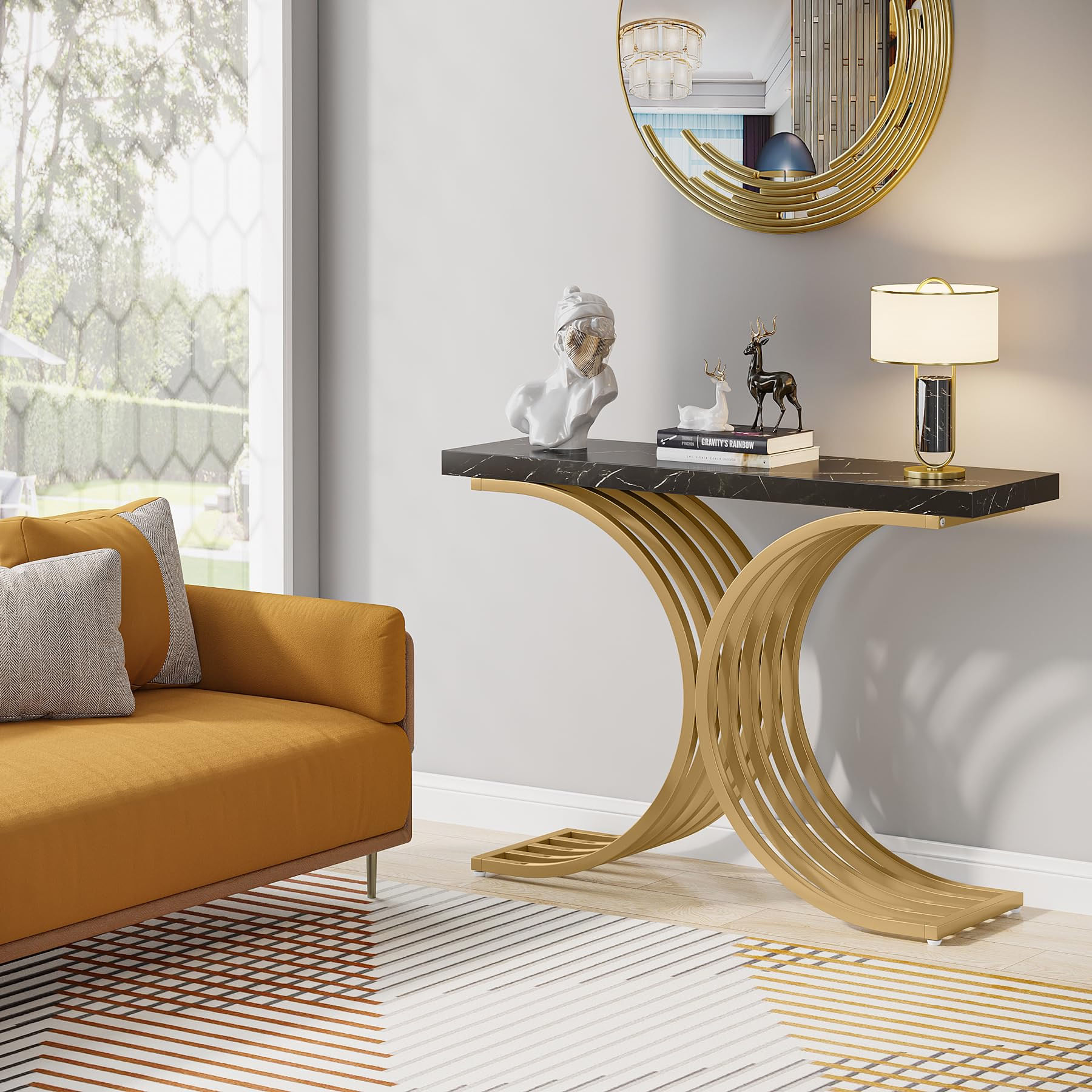Masa Decor Living/ Hol, Blackswan Design Model Marbella, negru/ auriu, imitatie marmura, 105x30x80 cm — imaginea 2