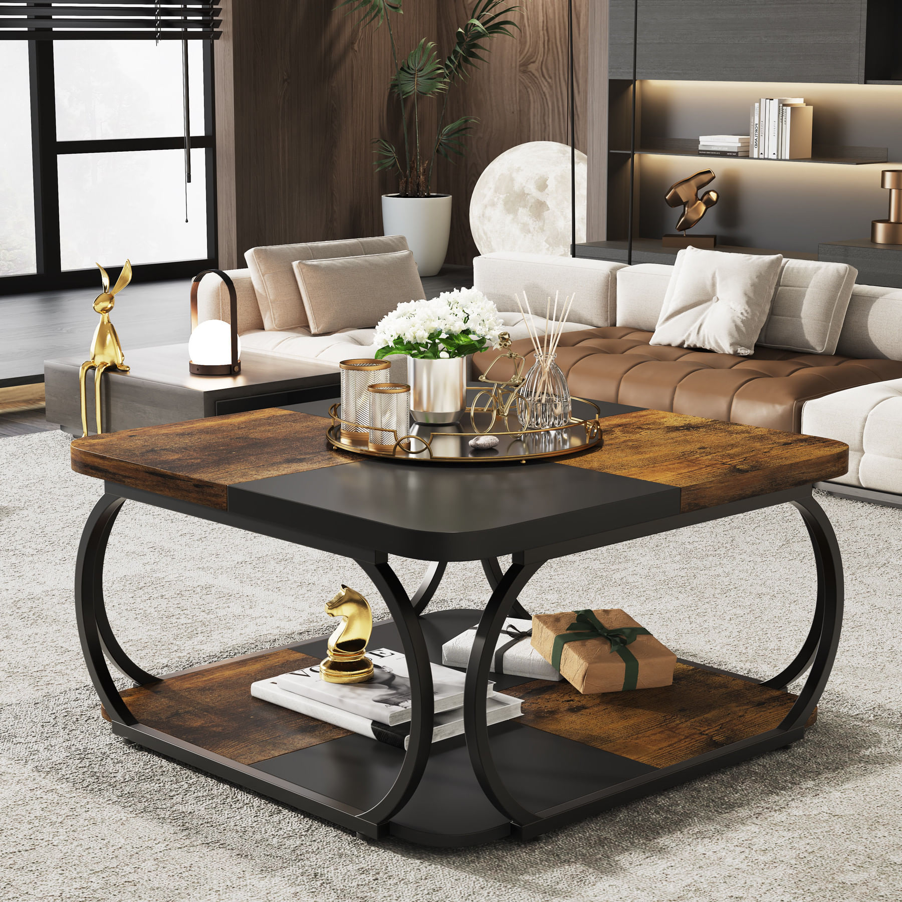 Masa Cafea/ Living, Blackswan Design Model Metro Square, maroniu/ negru, 120x120x50 cm — imaginea 2