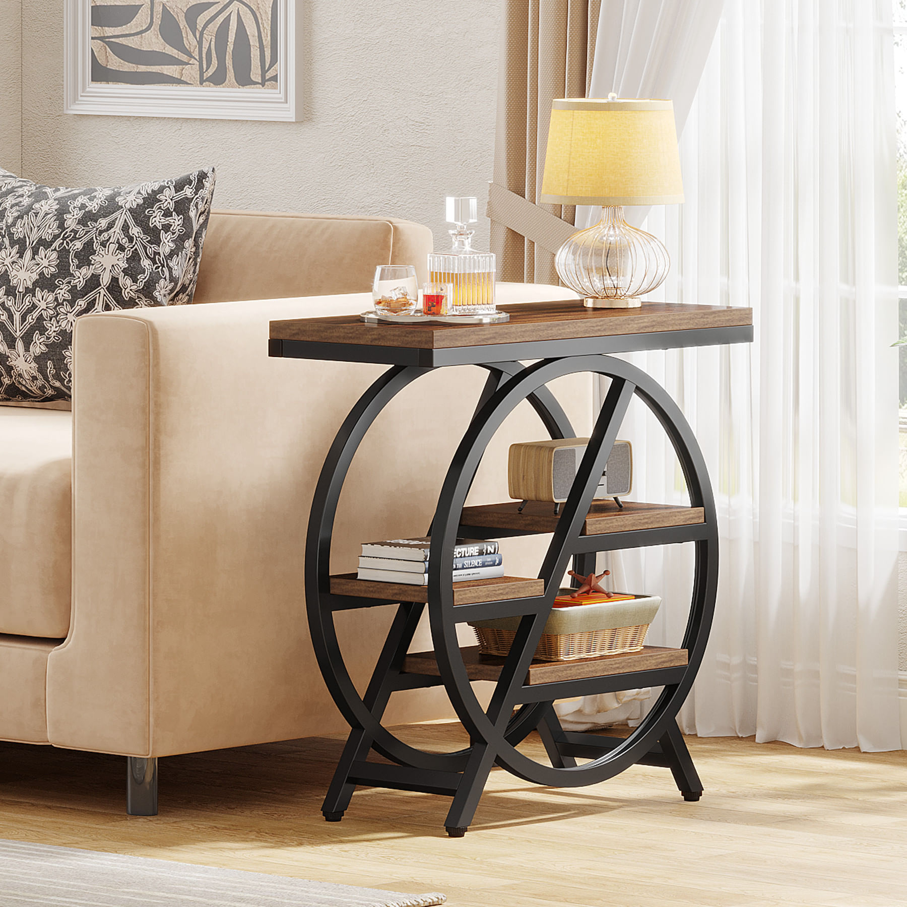 Masa Decor Living/Hol, Blackswan Design, Model Sofia 2, maro/negru, lemn si metal, 65cm — imaginea 2