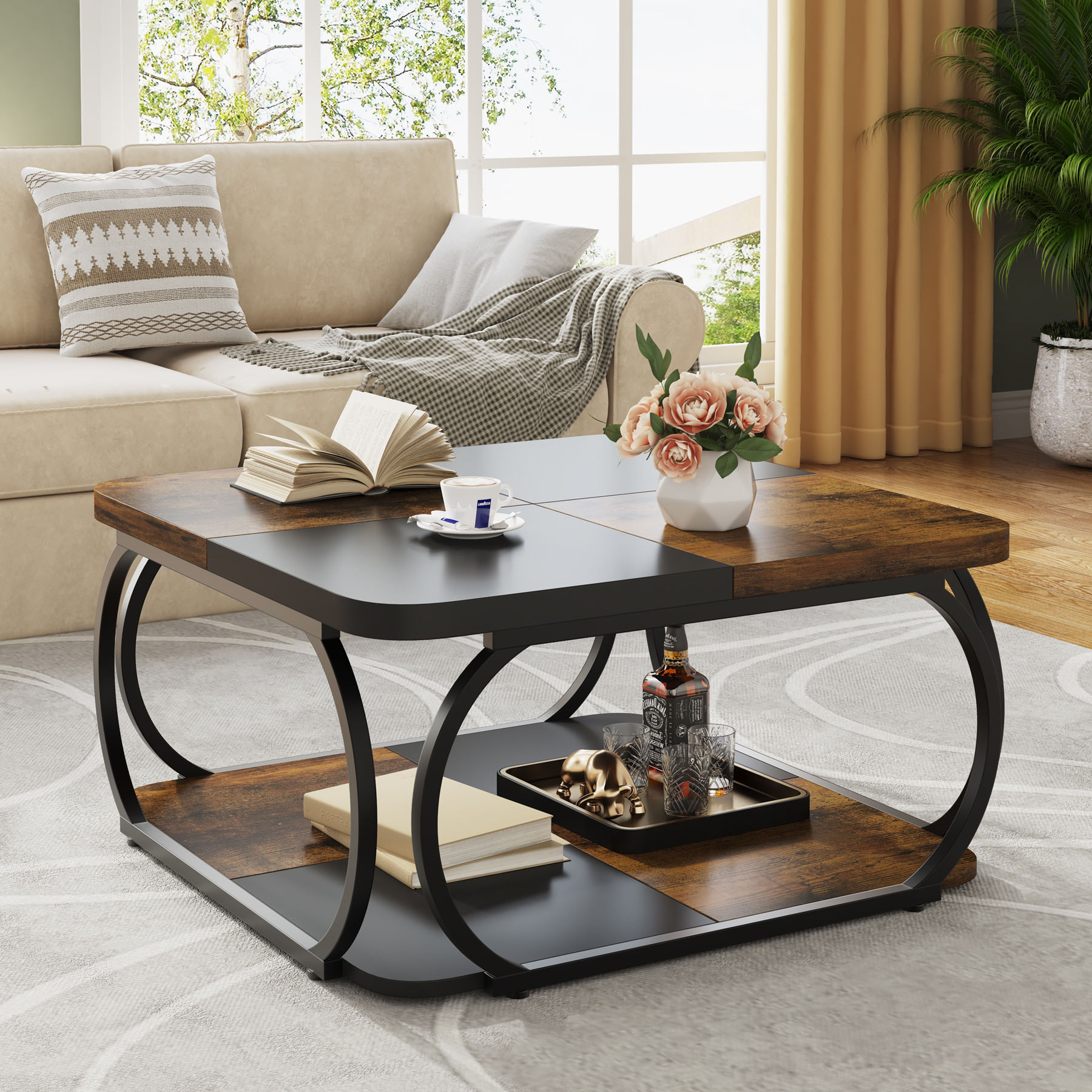 Masa Cafea/ Living, Blackswan Design Model Metro Square, maroniu/ negru, 120x120x50 cm — imaginea 3
