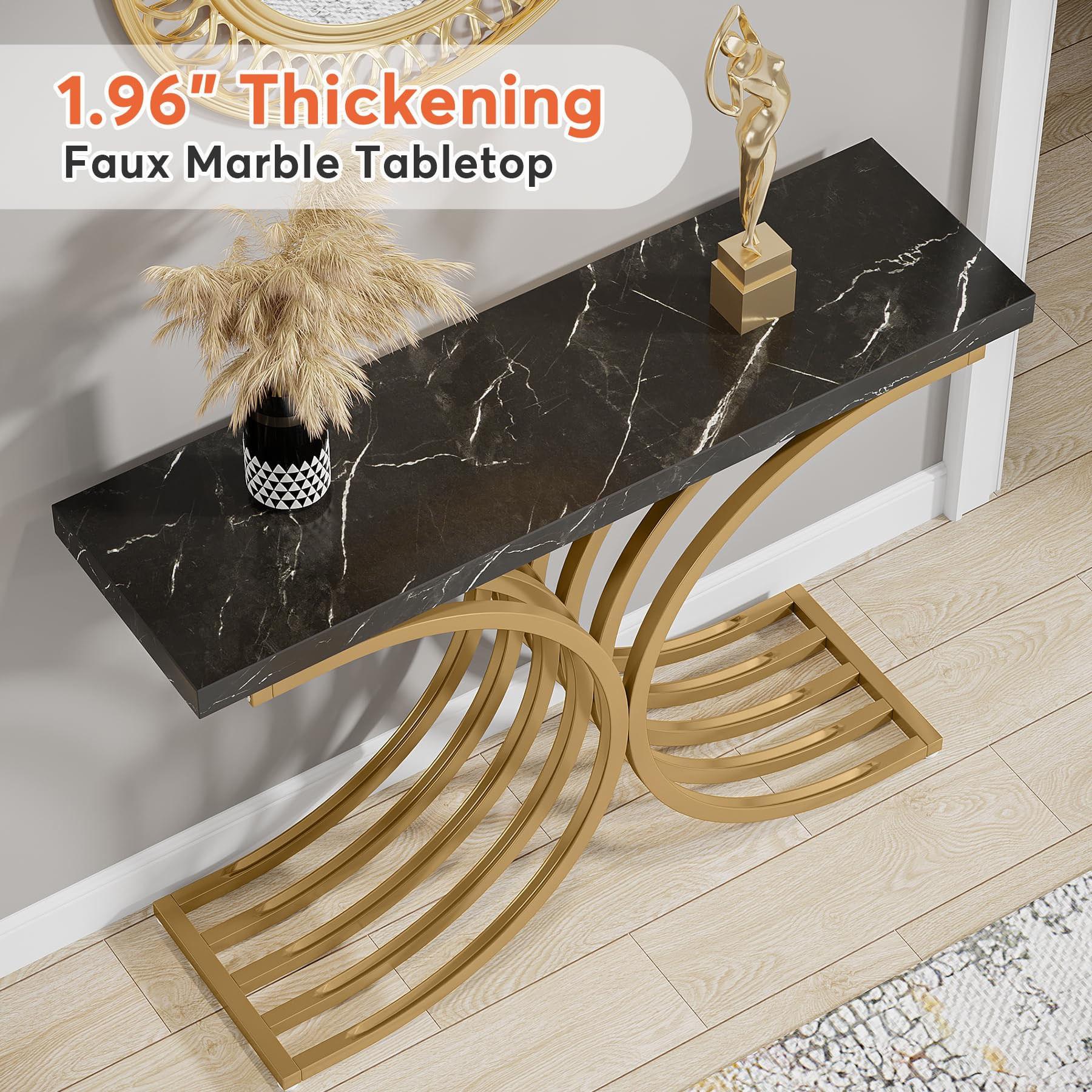 Masa Decor Living/ Hol, Blackswan Design Model Marbella, negru/ auriu, imitatie marmura, 105x30x80 cm — imaginea 4