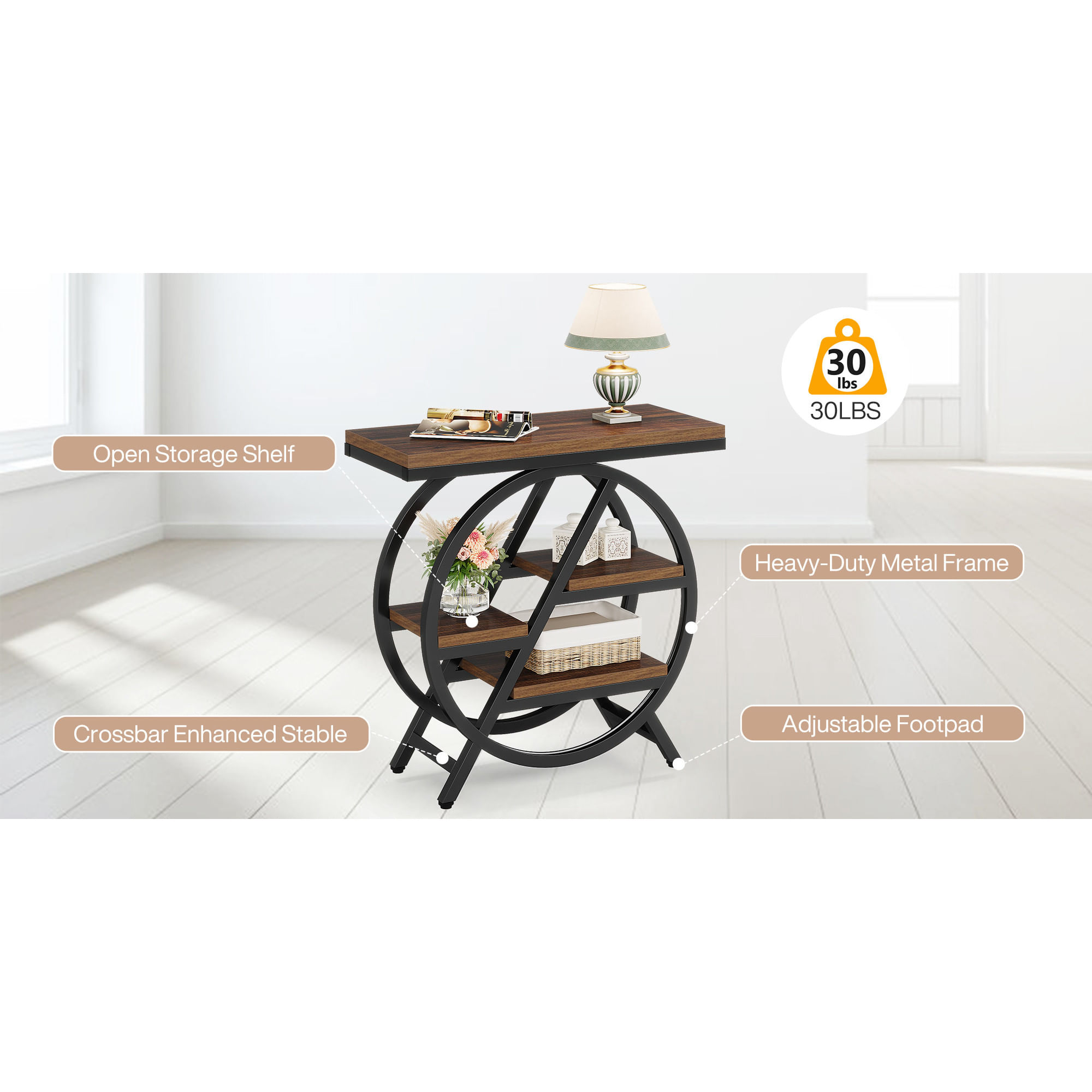 Masa Decor Living/Hol, Blackswan Design, Model Sofia 2, maro/negru, lemn si metal, 65cm — imaginea 4