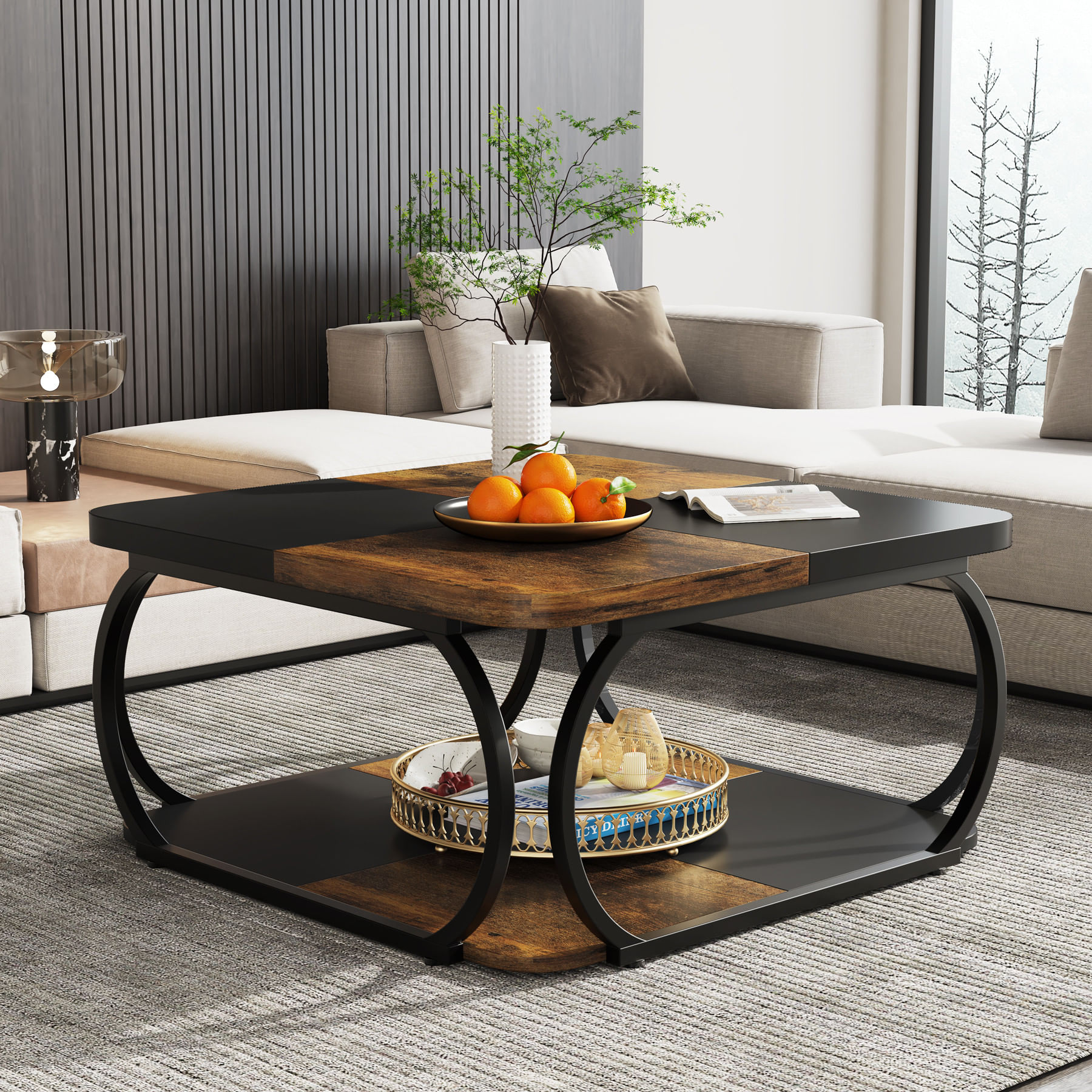 Masa Cafea/ Living, Blackswan Design Model Metro Square, maroniu/ negru, 120x120x50 cm — imaginea 4