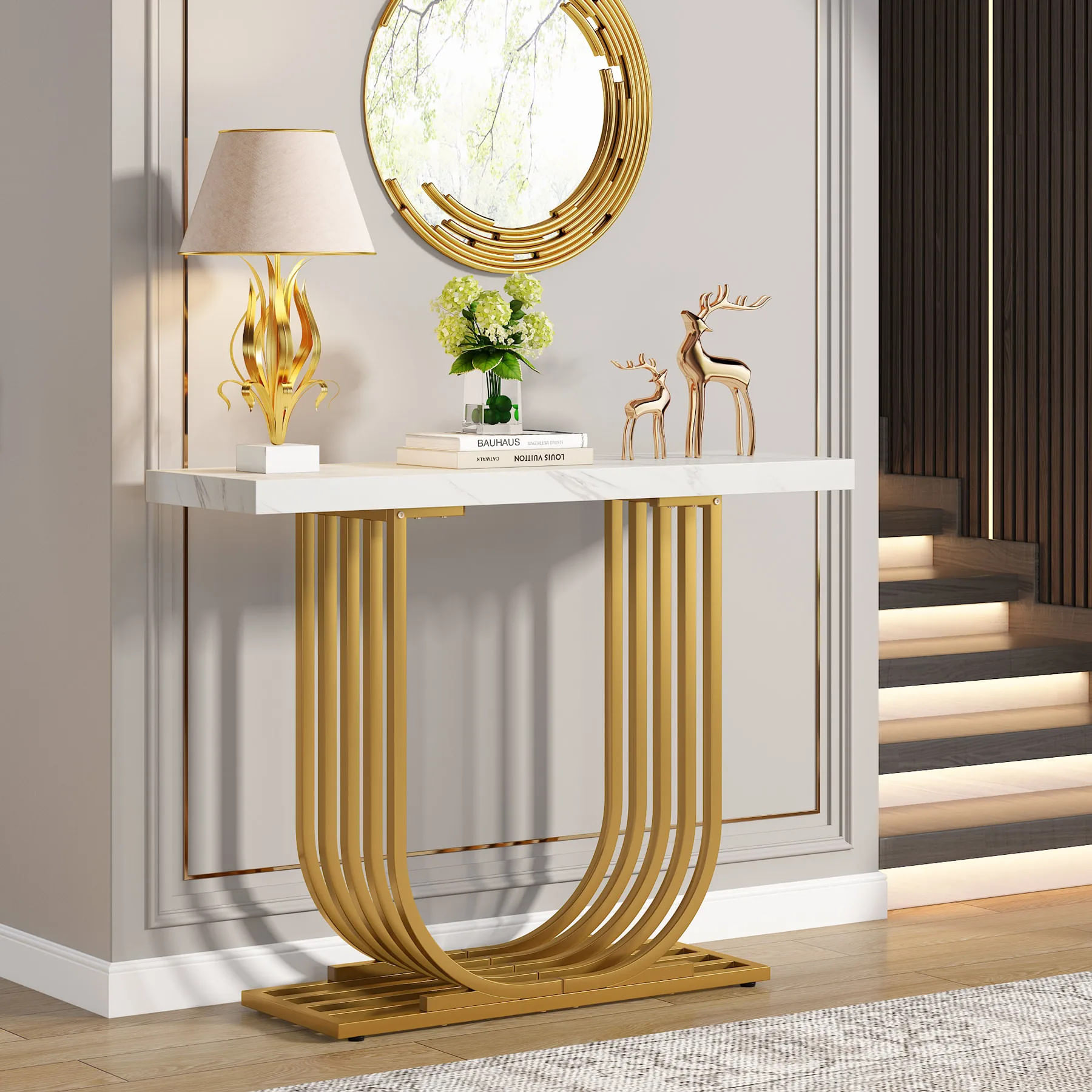 Masa Decor Living/ Hol, Model Baselli alb/ auriu, imitatie marmura, 100 cm — imaginea 2