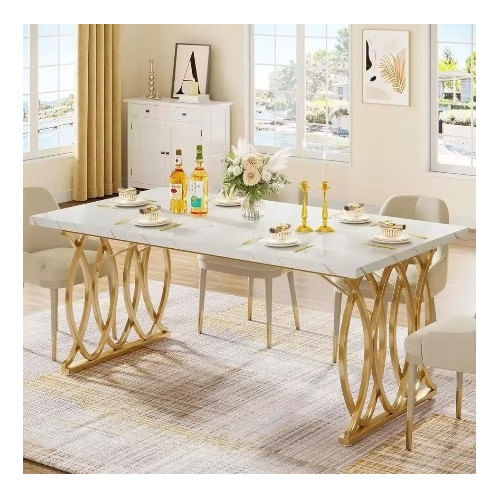 Masa Blackswan Design, alb/auriu, imitatie marmura, 160 cm — imaginea 2