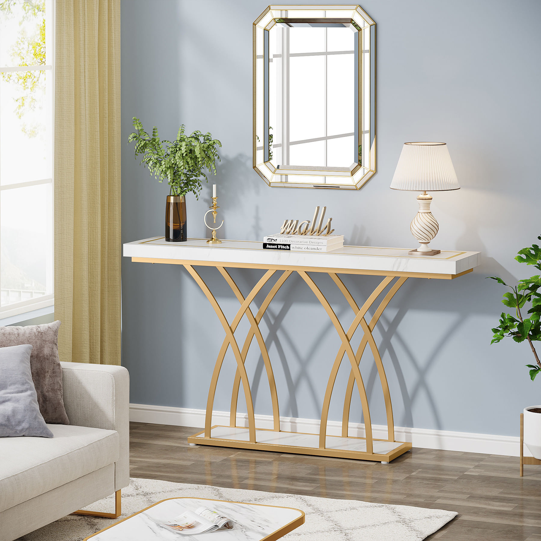 Masa Decor Living/ Hol, Model Veneer alb/ auriu, imitatie marmura, 140 cm — imaginea 2