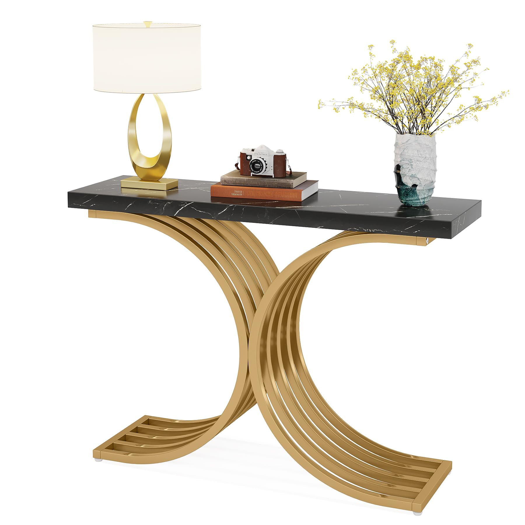 Masa Decor Living/ Hol, Blackswan Design Model Marbella, negru/ auriu, imitatie marmura, 105x30x80 cm — imaginea 5