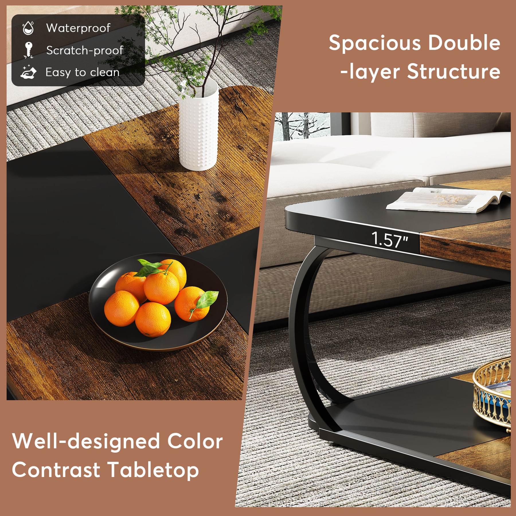 Masa Cafea/ Living, Blackswan Design Model Metro Square, maroniu/ negru, 120x120x50 cm — imaginea 6