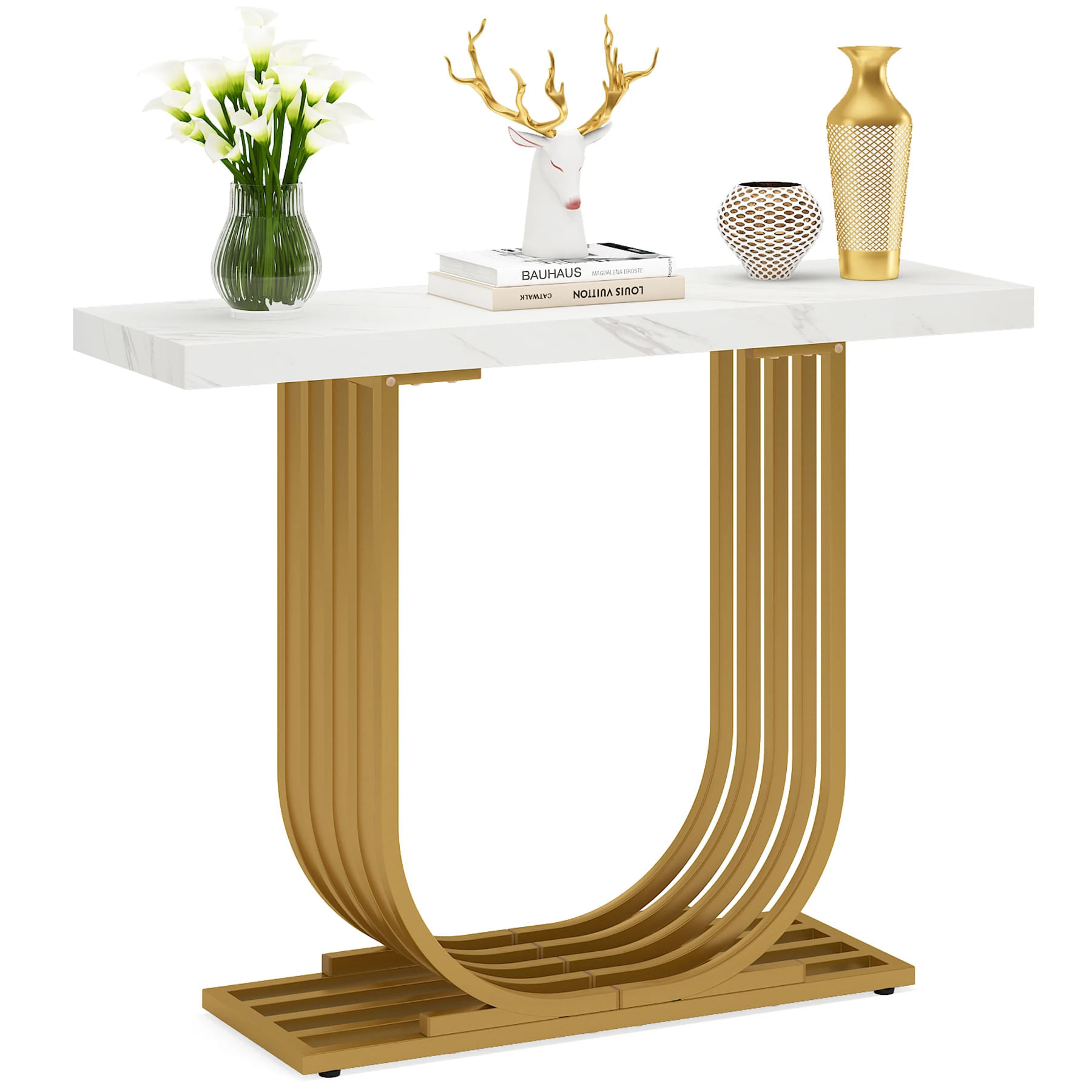Masa Decor Living/ Hol, Model Baselli alb/ auriu, imitatie marmura, 100 cm — imaginea 4