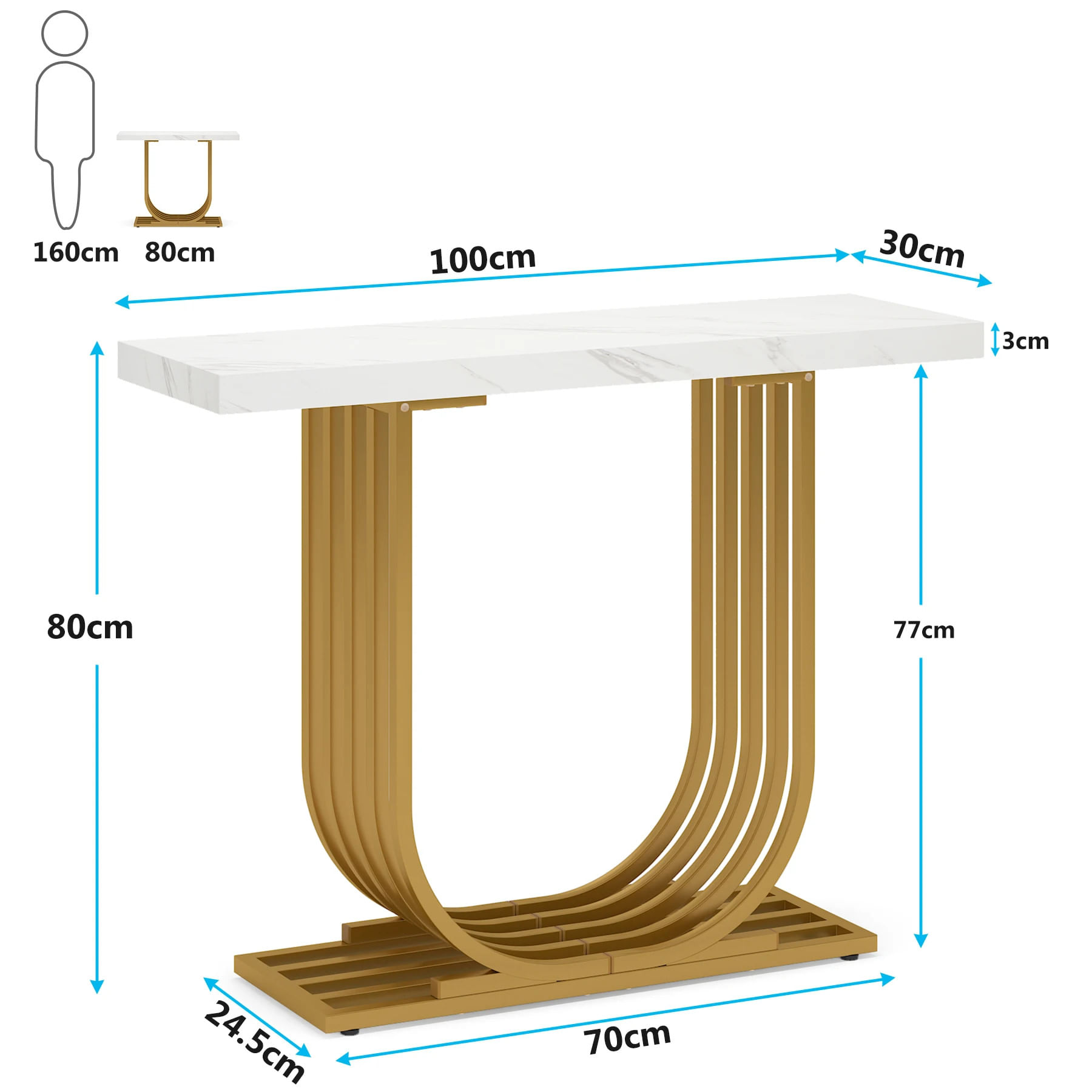 Masa Decor Living/ Hol, Model Baselli alb/ auriu, imitatie marmura, 100 cm — imaginea 5
