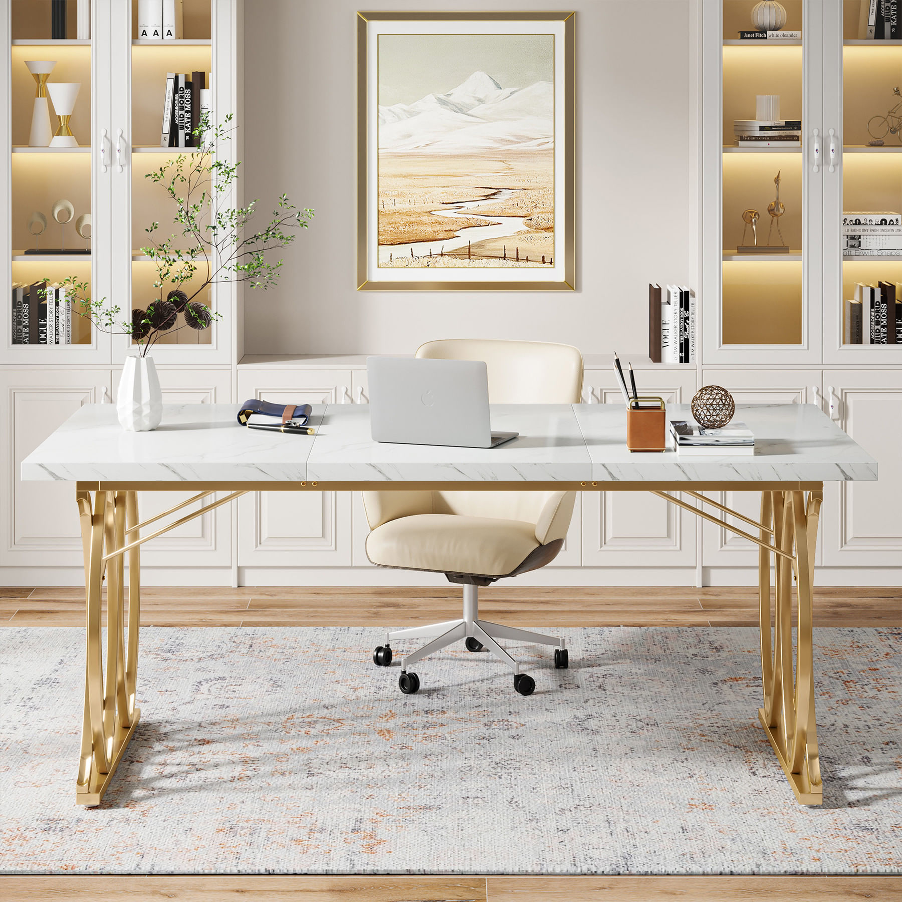 Masa Blackswan Design, alb/auriu, imitatie marmura, 160 cm — imaginea 6