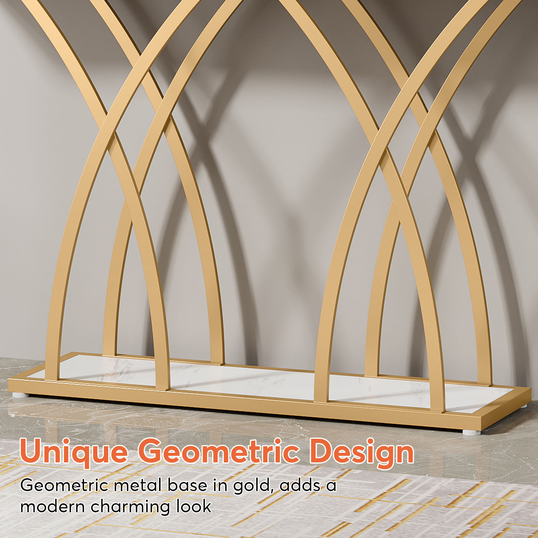 Masa Decor Living/ Hol, Model Veneer alb/ auriu, imitatie marmura, 140 cm — imaginea 5