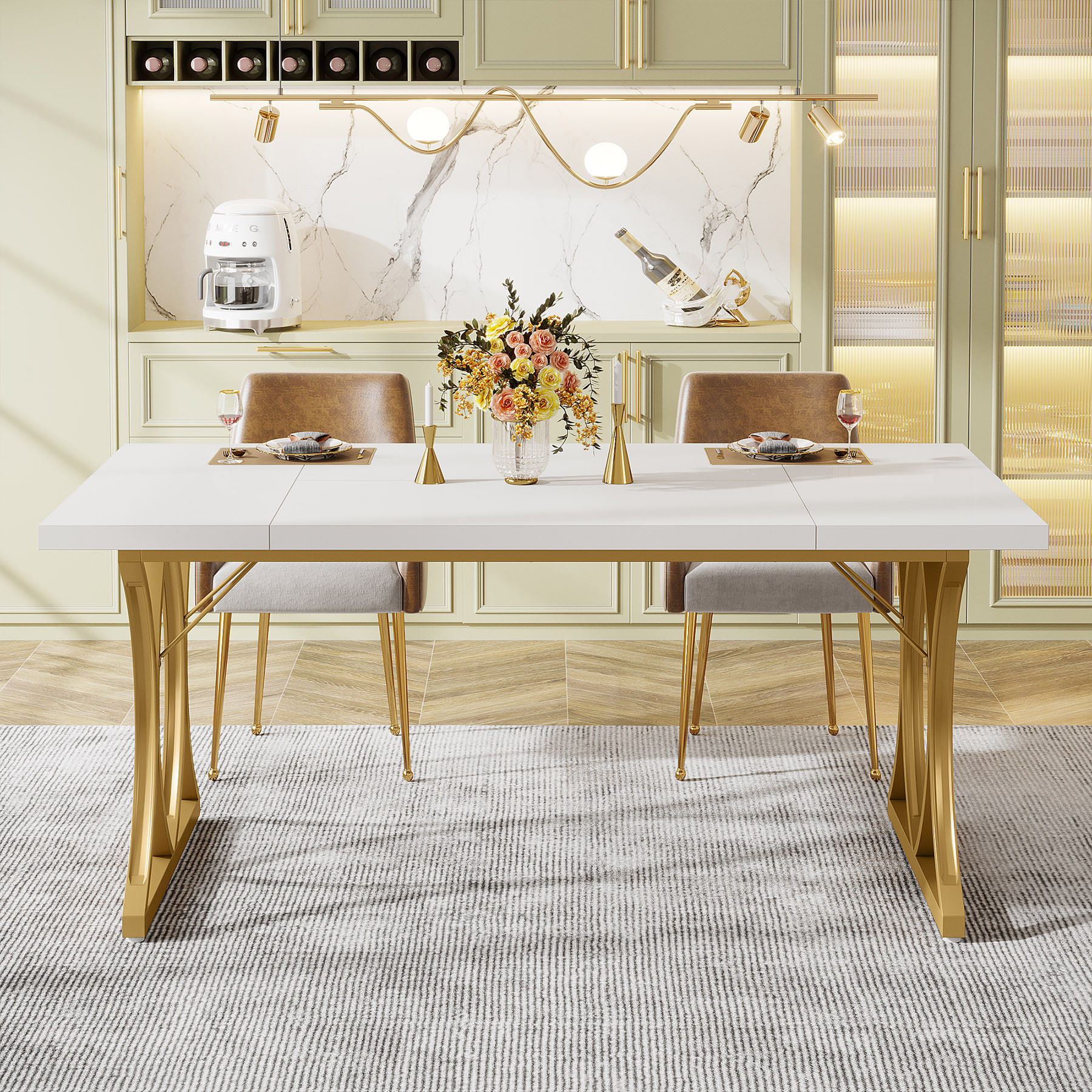 Masa dining Blackswan Design Retriciana, alb/auriu, 160 cm, picioare metalice curbate, blatul lucios — imaginea 2