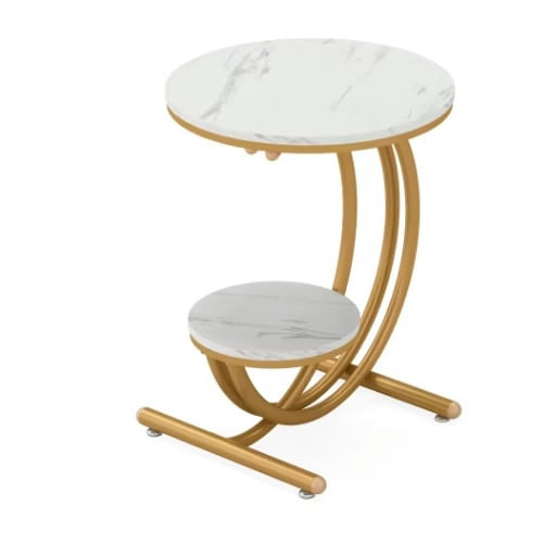Masuta laterala rotunda, Blackswan Design Model Zeno, imitatie marmura alb/ auriu, 50x50x60 cm