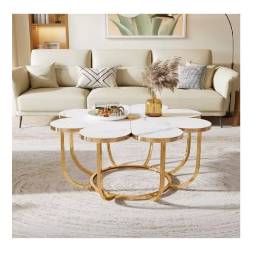 Masa Cafea/ Living, Blackswan Design Model Golden Petals, imitatie marmura, 100x100x50 cm — imaginea 2